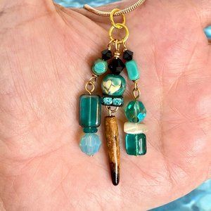 Florida Black Coral Aqua Crystals Glass Bead Pendant Necklace 14K Gold Plated